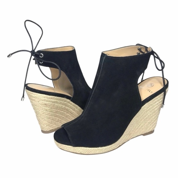 Laurie Felt Suede Wedge Espadrille Women's 11M Black Lace Back Peep Toe Boho - Picture 2 of 9